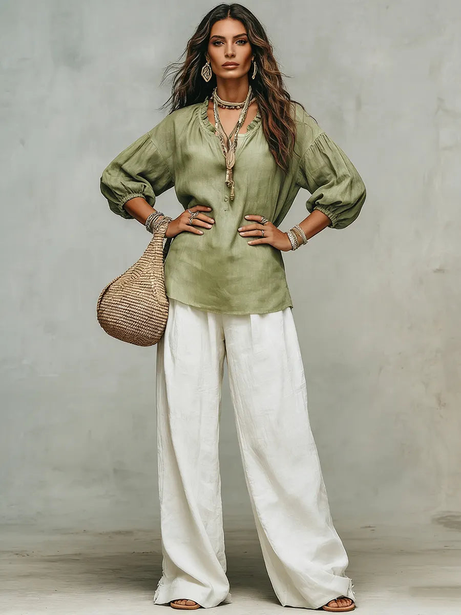 Retro Ruffled Puff-sleeve Cotton-linen Two-piece Set