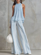 Women's Solid-color Stand-collar Sleeveless Loose-fit Top & High-waisted Loose-fit Striped Cotton-linen Wide-leg Pants Set