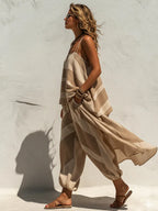 Cozy & Casual Striped Linen-cotton Two-piece Set: Long Spaghetti-strap Top And Lantern Pants