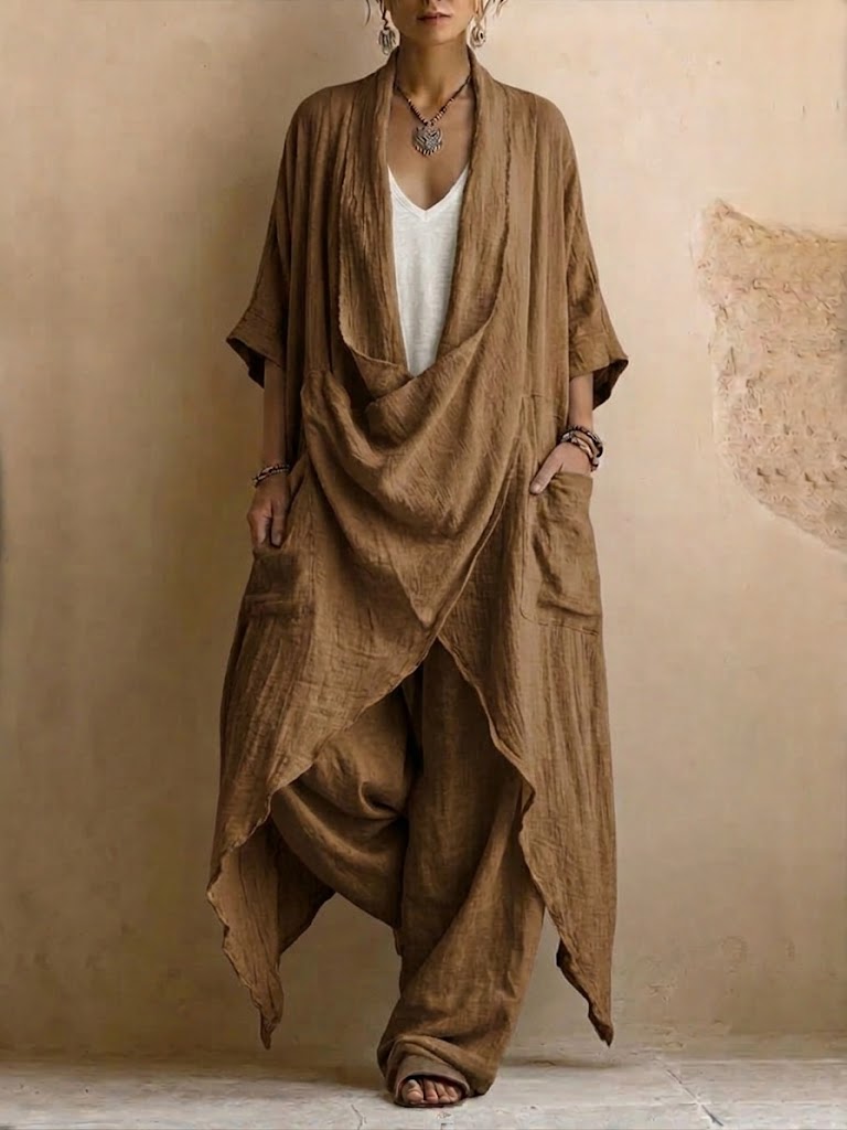 Casual Boho-style Two-piece Set: Long Linen & Cotton Top And Pants