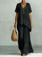 Classic Casual Short-sleeved Linen And Cotton Top And Wide-leg Pants Two-piece Set