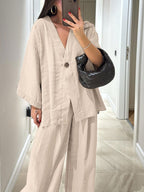 Women's Casual Solid Color Cotton and Linen Top and Pants Set