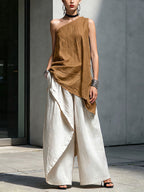 Women's Casual Cotton-linen Set: Off-shoulder Sleeveless Loose-fit Top & High-waisted Wide-leg Pants