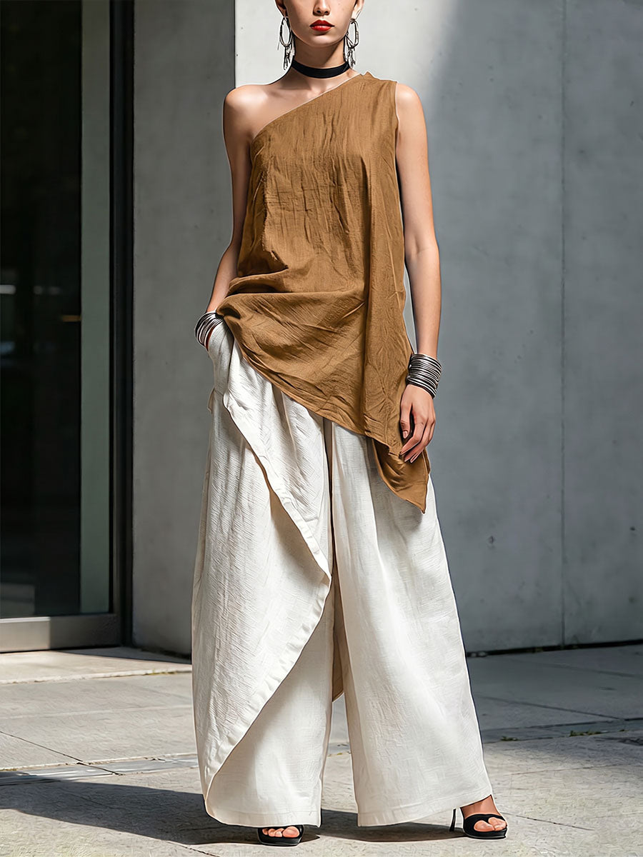 Women's Casual Cotton-linen Set: Off-shoulder Sleeveless Loose-fit Top & High-waisted Wide-leg Pants