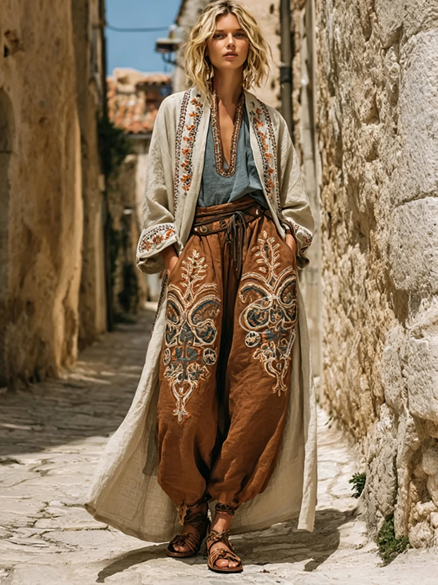 Bohemian Three-piece Set: Ethnic-print Cotton-linen Long Cardigan, Sleeveless Top, And Trousers