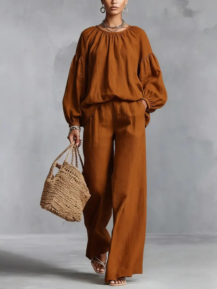 Linen Lantern Sleeve Wide-leg Pants Set