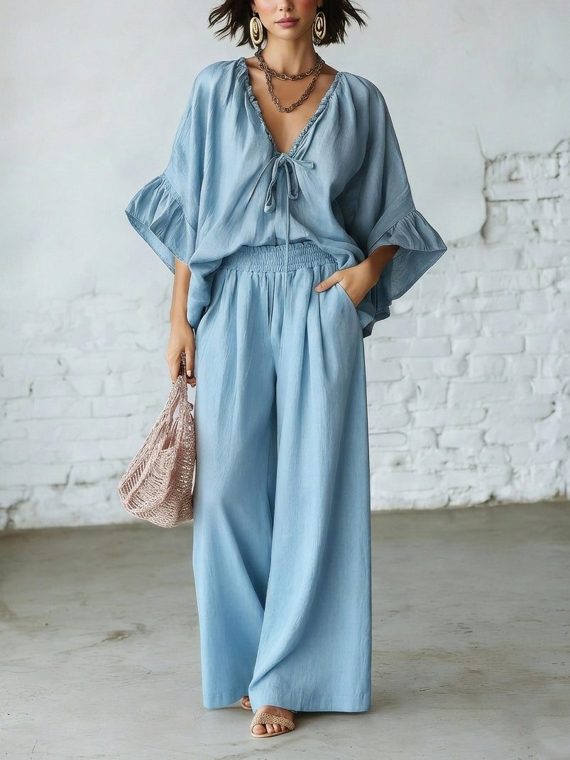 Retro Ruffled V-neck Shirt And Wide-leg Pants Two-piece Set