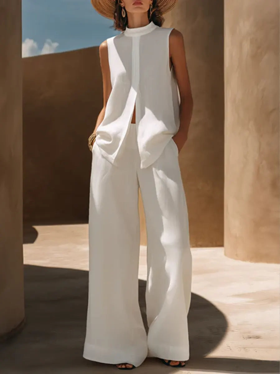 Women's Minimalist Elegant Cotton And Linen Wide-leg Pants Set