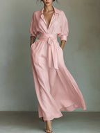 Waist-cinching Shirt-style Maxi Linen And Cotton Dress