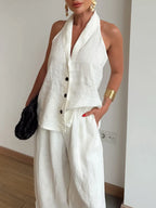 Stylish And Casual Sleeveless Linen-cotton Top And Trousers Two-piece Set