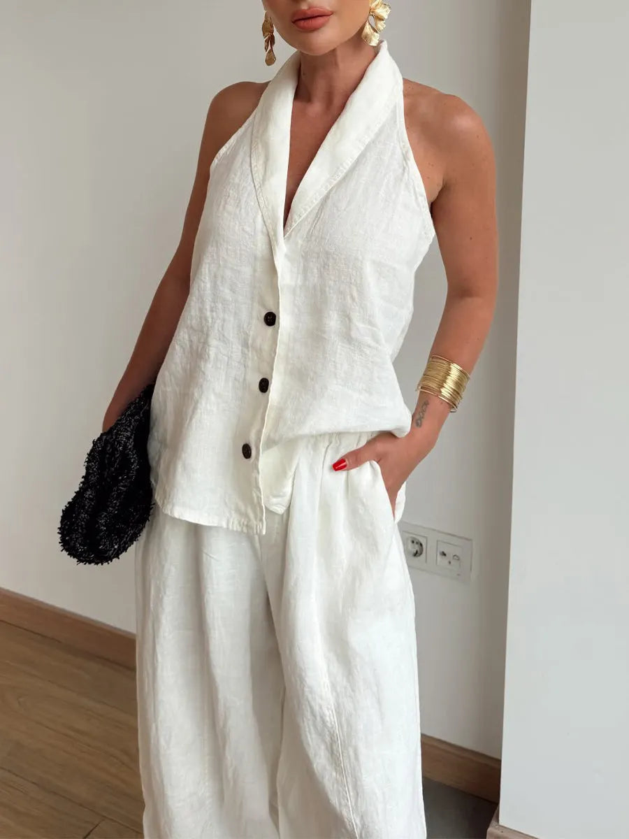 Stylish And Casual Sleeveless Linen-cotton Top And Trousers Two-piece Set