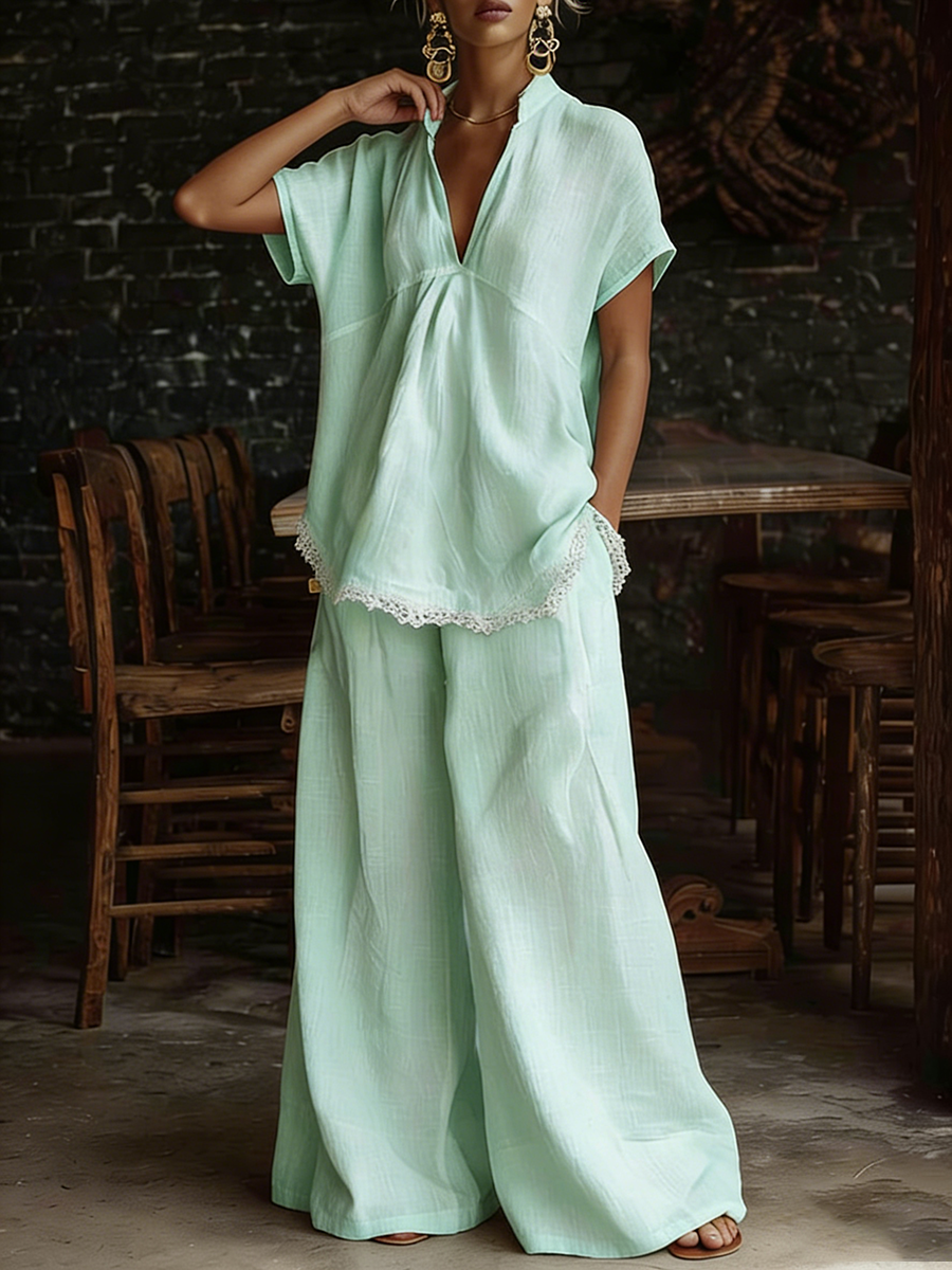 Retro Lace-hem Cotton-linen Two-piece Set