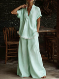 Retro Lace-hem Cotton-linen Two-piece Set