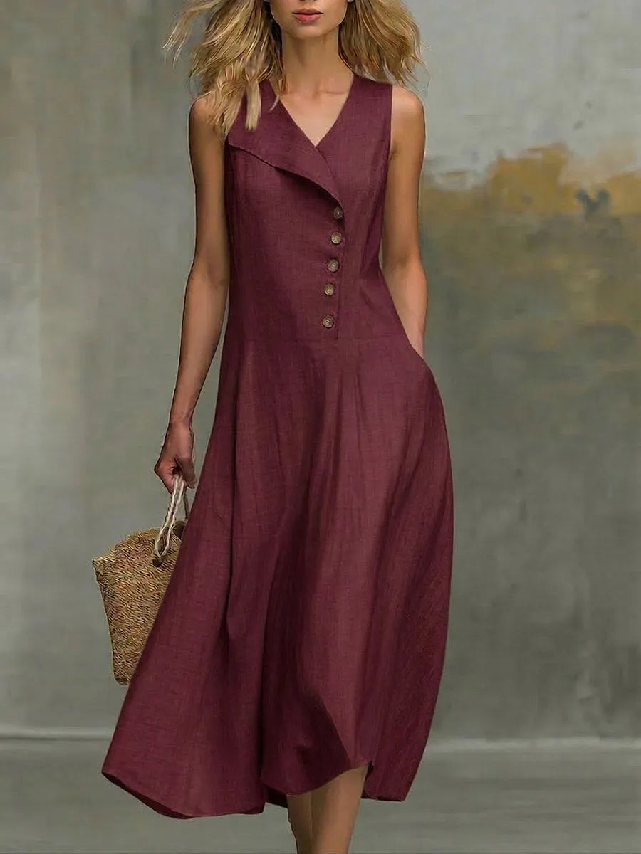 Women's Solid-color V-neck Sleeveless Casual Loose Cotton-linen Dress