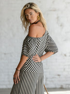Elegant Classic Striped Off-shoulder Top And Wide-leg Pants Two-piece Set