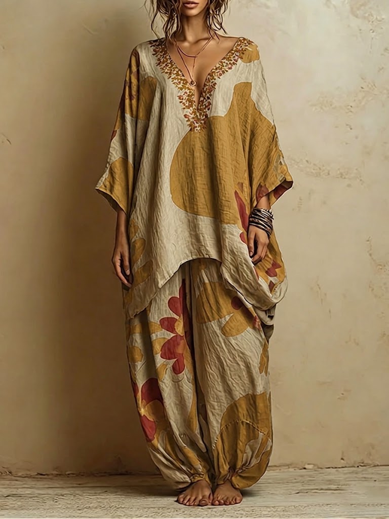 Bohemian Art-print Linen And Cotton Two-piece Top And Pants Set