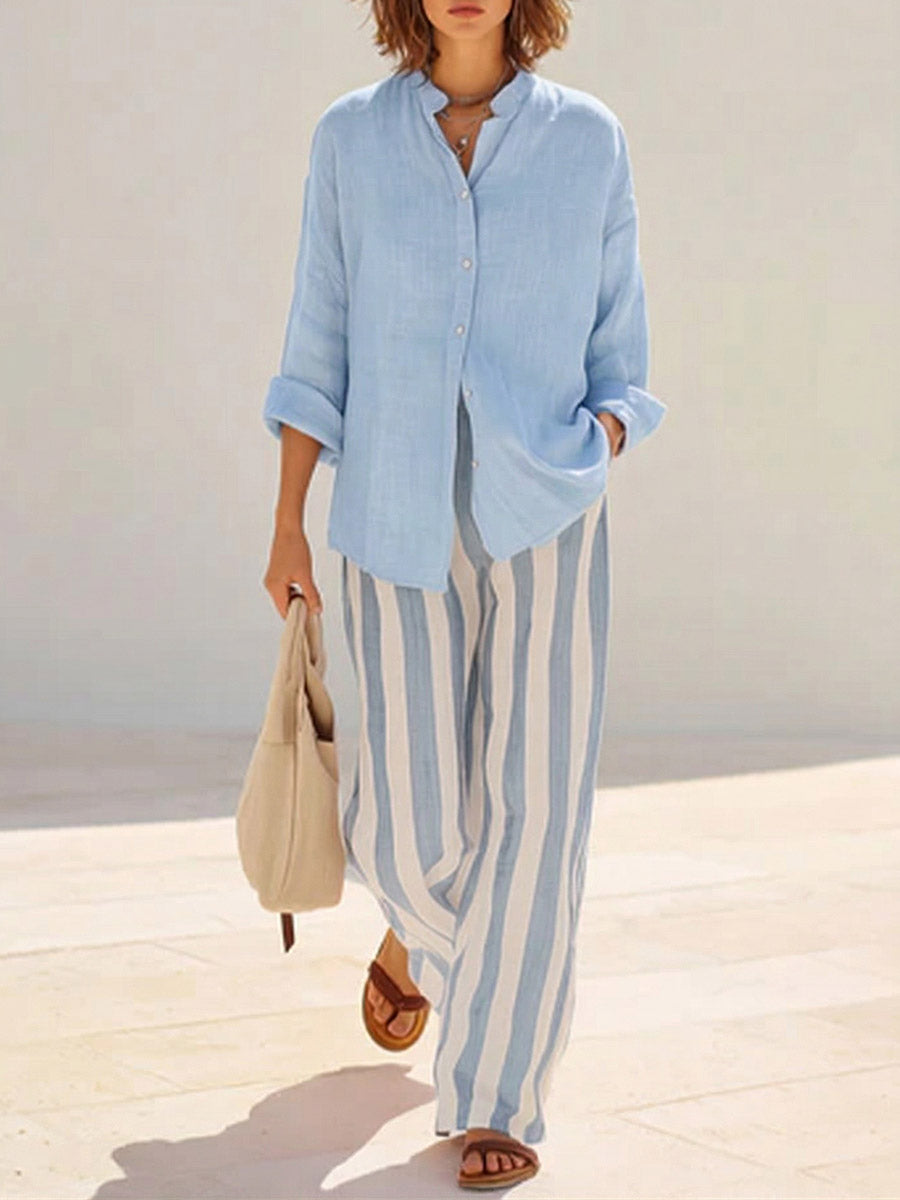 Women's Solid-color Stand-collar Long-sleeve Loose-fit Cotton-linen Shirt & Elastic-waist Striped Wide-leg Pants Set