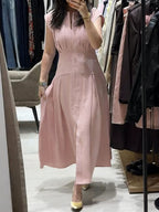 Women's Solid-color V-neck Sleeveless Casual Loose Cotton-linen Dress