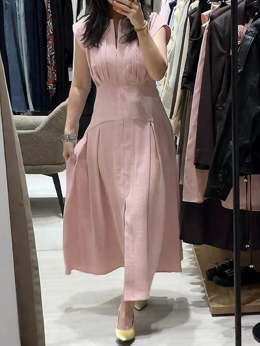 Women's Solid-color V-neck Sleeveless Casual Loose Cotton-linen Dress