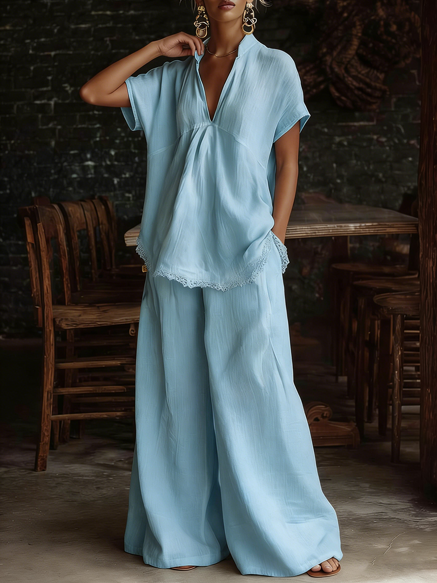 Retro Lace-hem Cotton-linen Two-piece Set