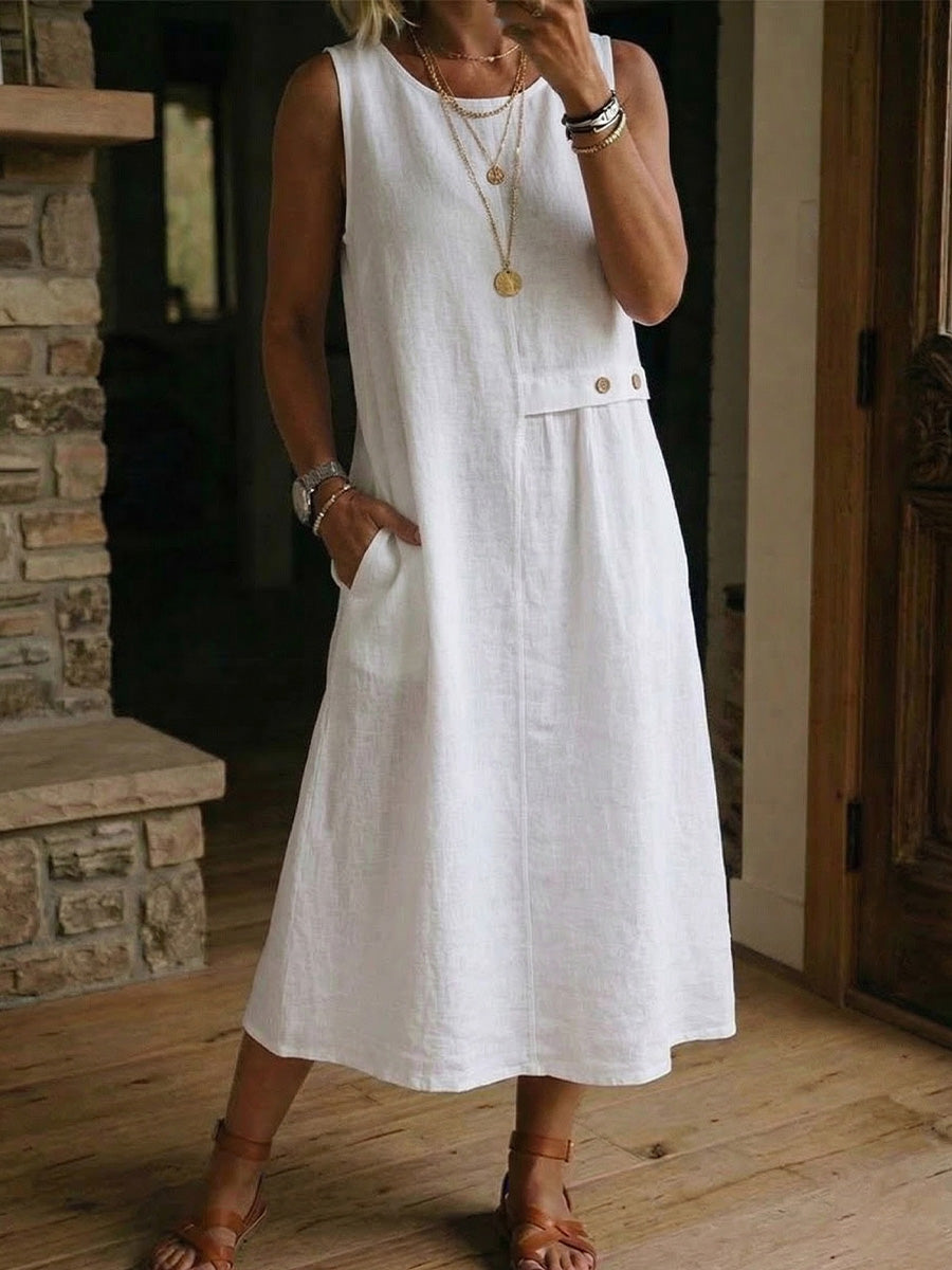 Women's Round-neck Buttons Cotton-linen Dress