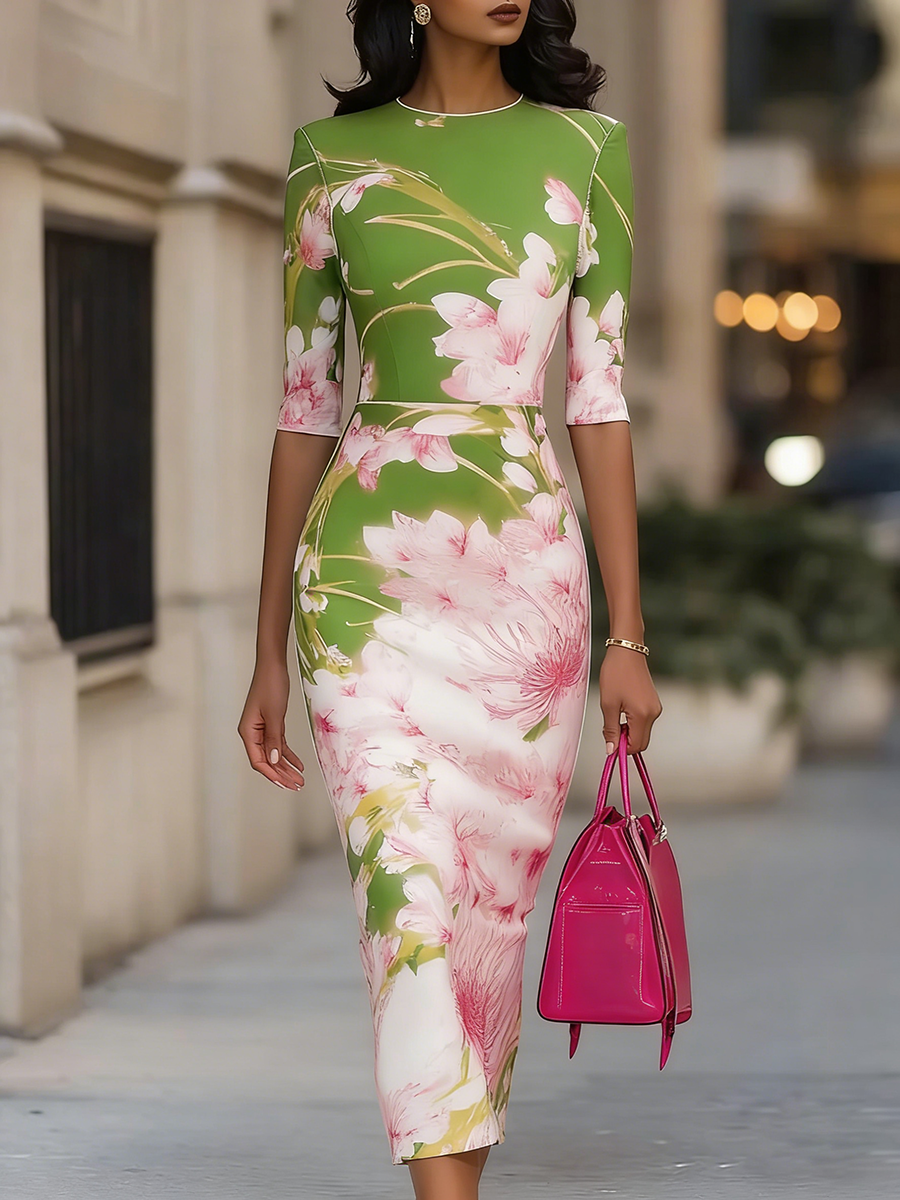 Elegant Party Vacation Floral Print Stretch Bodycon Dress