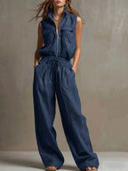 Women's Solid Color Stand Collar Sleeveless Casual Loose Cotton Linen Top And High-waisted Casual Loose Wide-leg Pants Cotton Linen Set