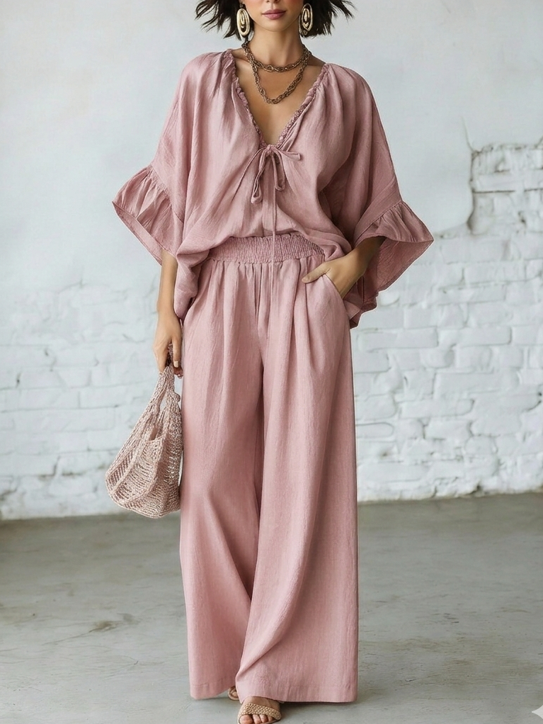 Retro Ruffled V-neck Shirt And Wide-leg Pants Two-piece Set