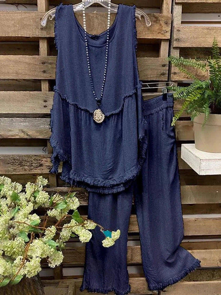 Tassel Sleeveless Top Straight Pants Two-Piece Set