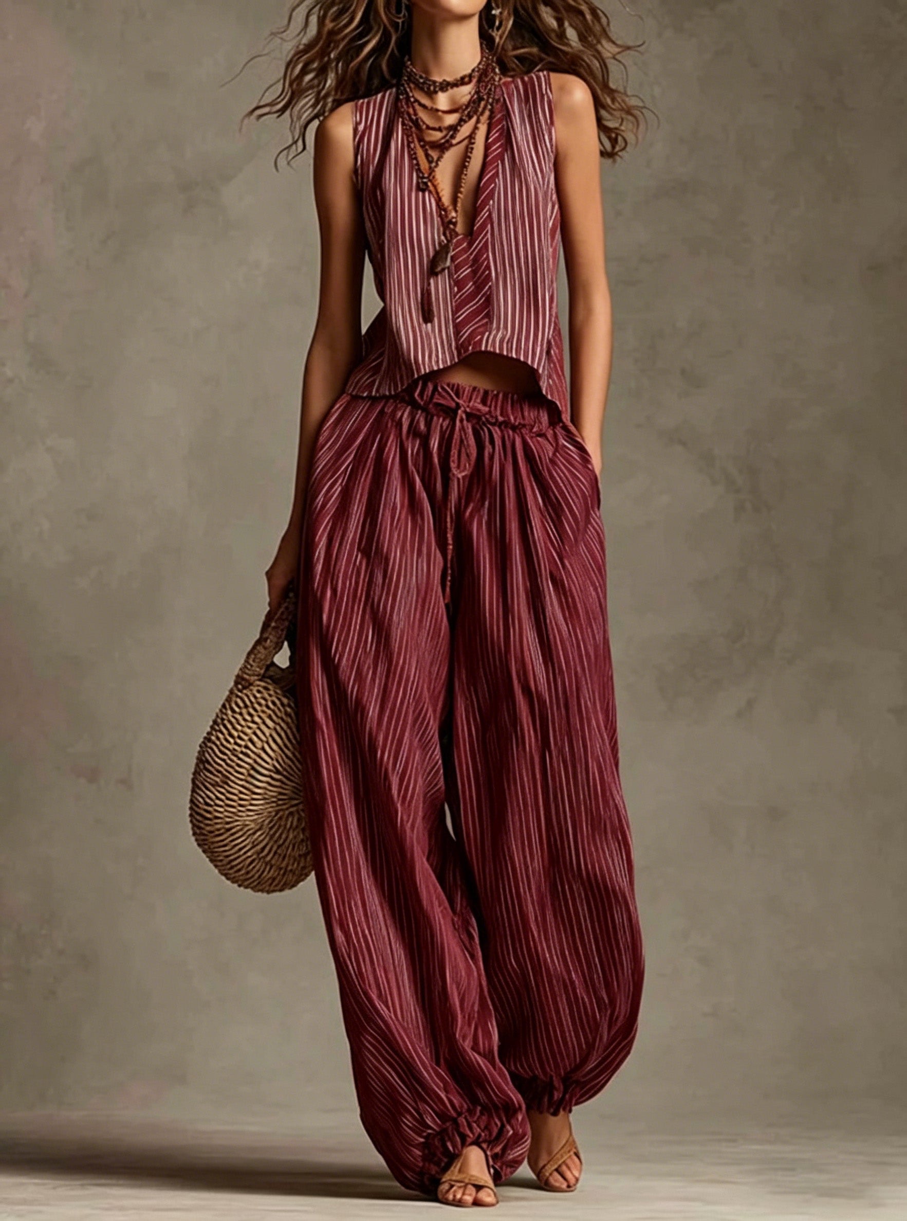 Boho Striped Linen-blend Two-piece Set