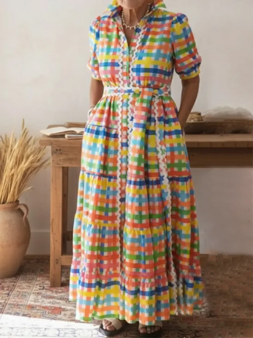 Colorful Square Art Print Collared Shirt Dress