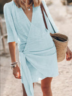 Casual Linen Cross Style V-neck Short-sleeved Dress
