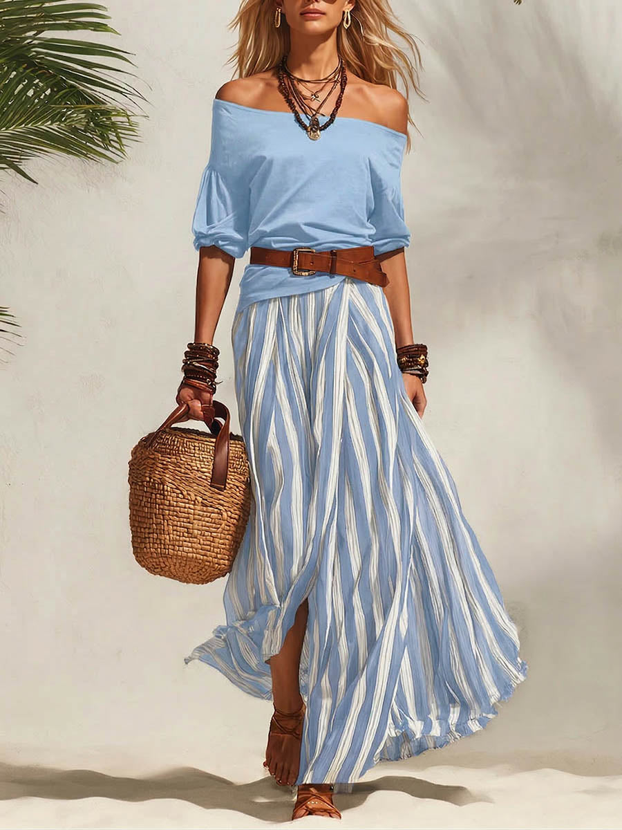 Women's Off-shoulder 3/4-sleeve Casual Top & High-waisted Skirt Cotton Set