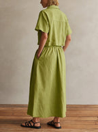Casual Half-zip Short-sleeved Cotton Top And Skirt Two-piece Set