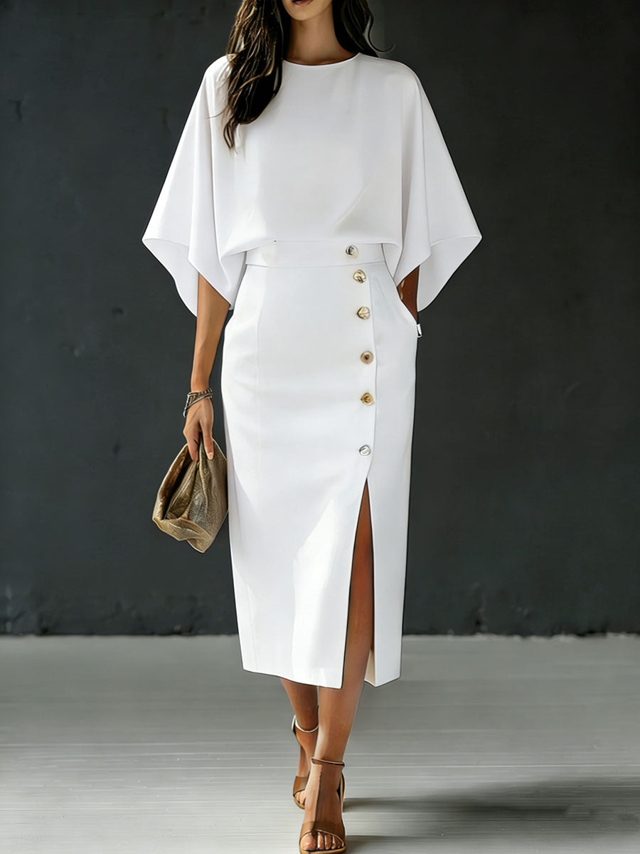 Women's Round Neck Loose Sleeve Casual Loose Cotton Linen Top And High Waist Casual Loose Long Skirt Cotton Linen Set