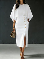 Women's Round Neck Loose Sleeve Casual Loose Cotton Linen Top And High Waist Casual Loose Long Skirt Cotton Linen Set