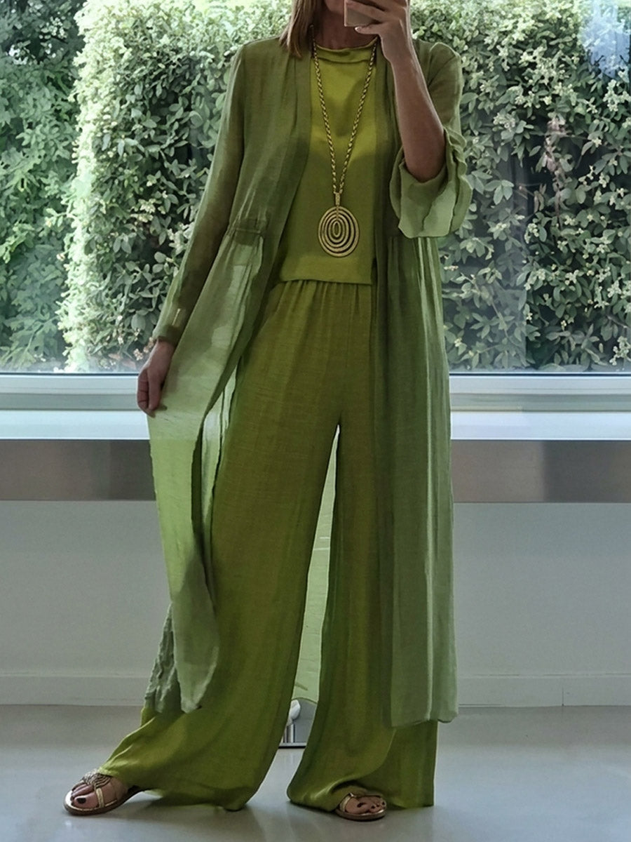 Women's Flowy, Solid-color Casual Cotton-linen Three-piece Set