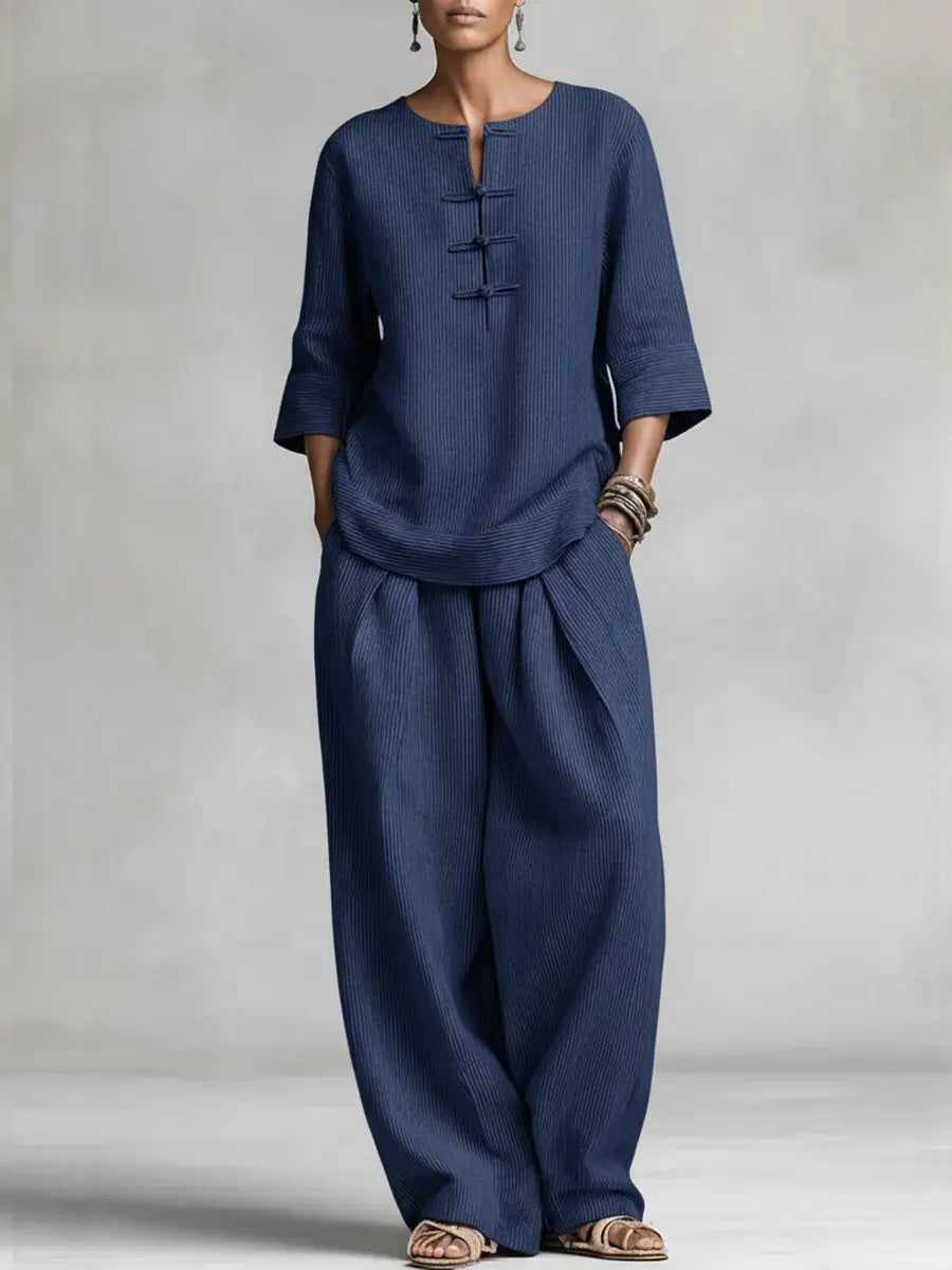 Women's Casual Minimalist Striped Ethnic Style Cotton-linen Set