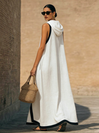 Elegant Color-block Trimmed Loose-fit Cotton-linen Hooded Dress