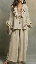 Women's Flowy V-neck Ruffled Cotton-linen Top And Wide-leg Pants Two-piece Set
