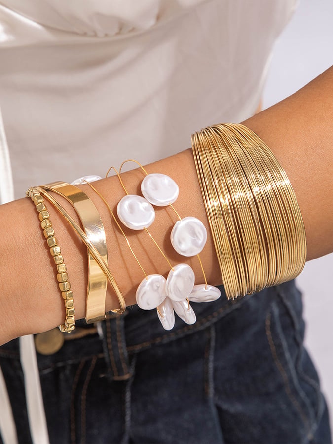 Women's Retro Multi-layer Line Wrap Geometric Open Bracelet Set