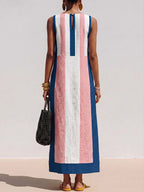 Women's Geometric Print Boat-neck Sleeveless Casual Loose Cotton-linen Dress