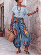 Boho Off-shoulder Top And Ikat Wrap Harem Pants Two-piece Set