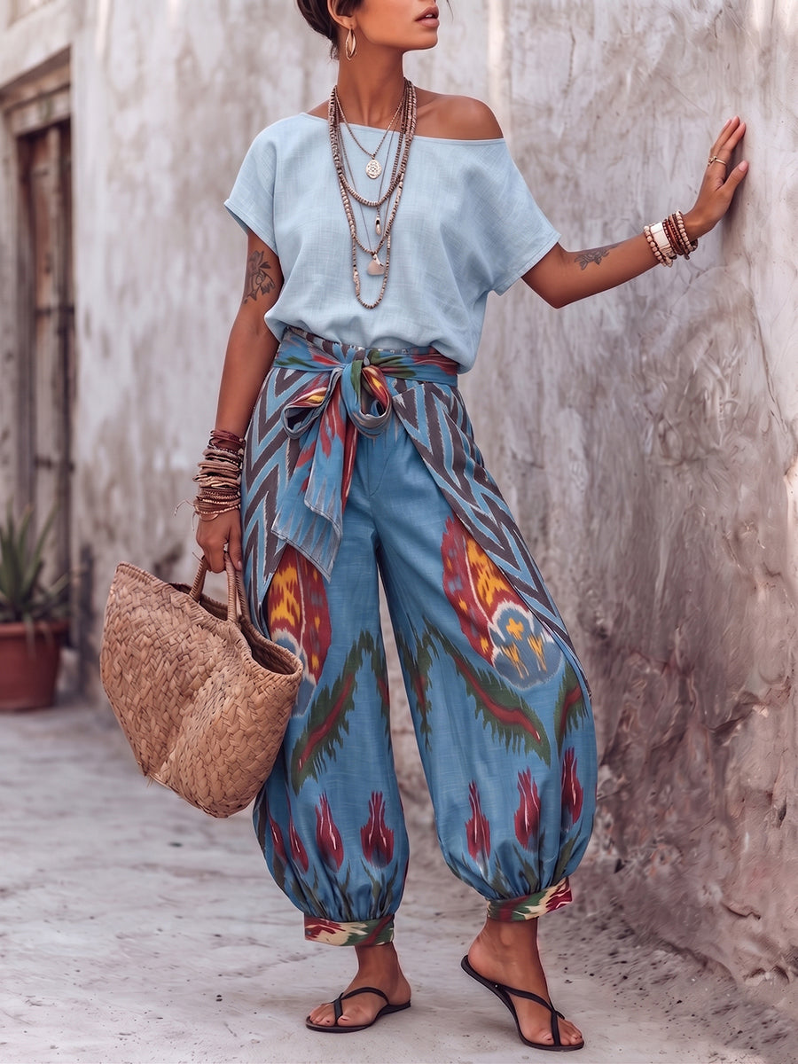 Boho Off-shoulder Top And Ikat Wrap Harem Pants Two-piece Set