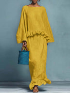 Women's Round Neck Long Sleeve Casual Loose Top And High Waist Casual Loose Skirt Cotton Linen Set