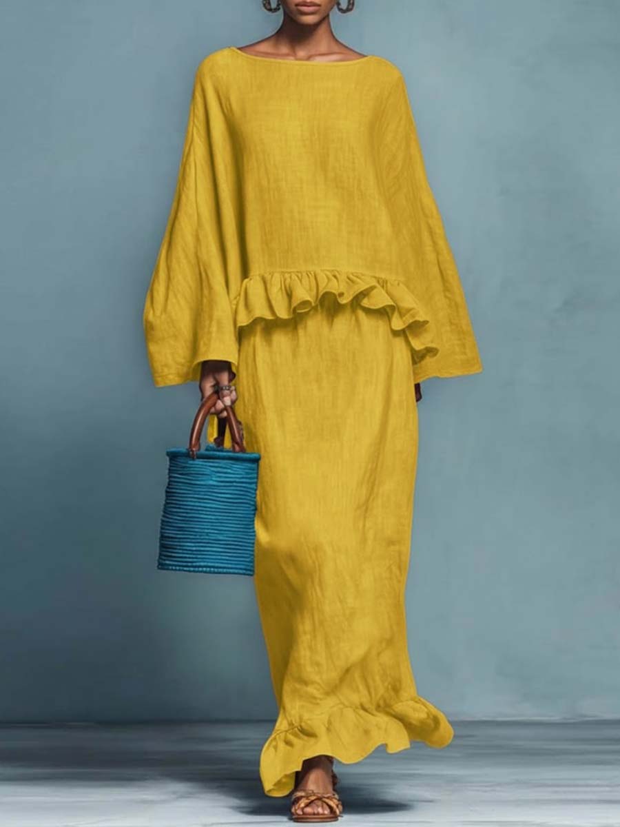 Women's Round Neck Long Sleeve Casual Loose Top And High Waist Casual Loose Skirt Cotton Linen Set