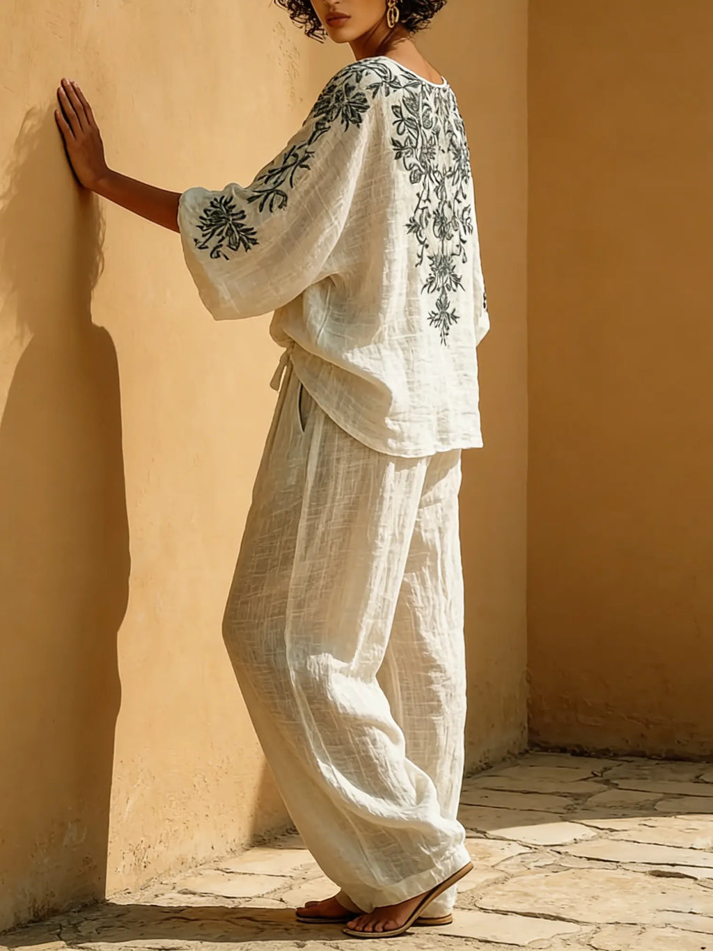 Vintage Floral Print Loose Cotton And Linen Two-piece Set