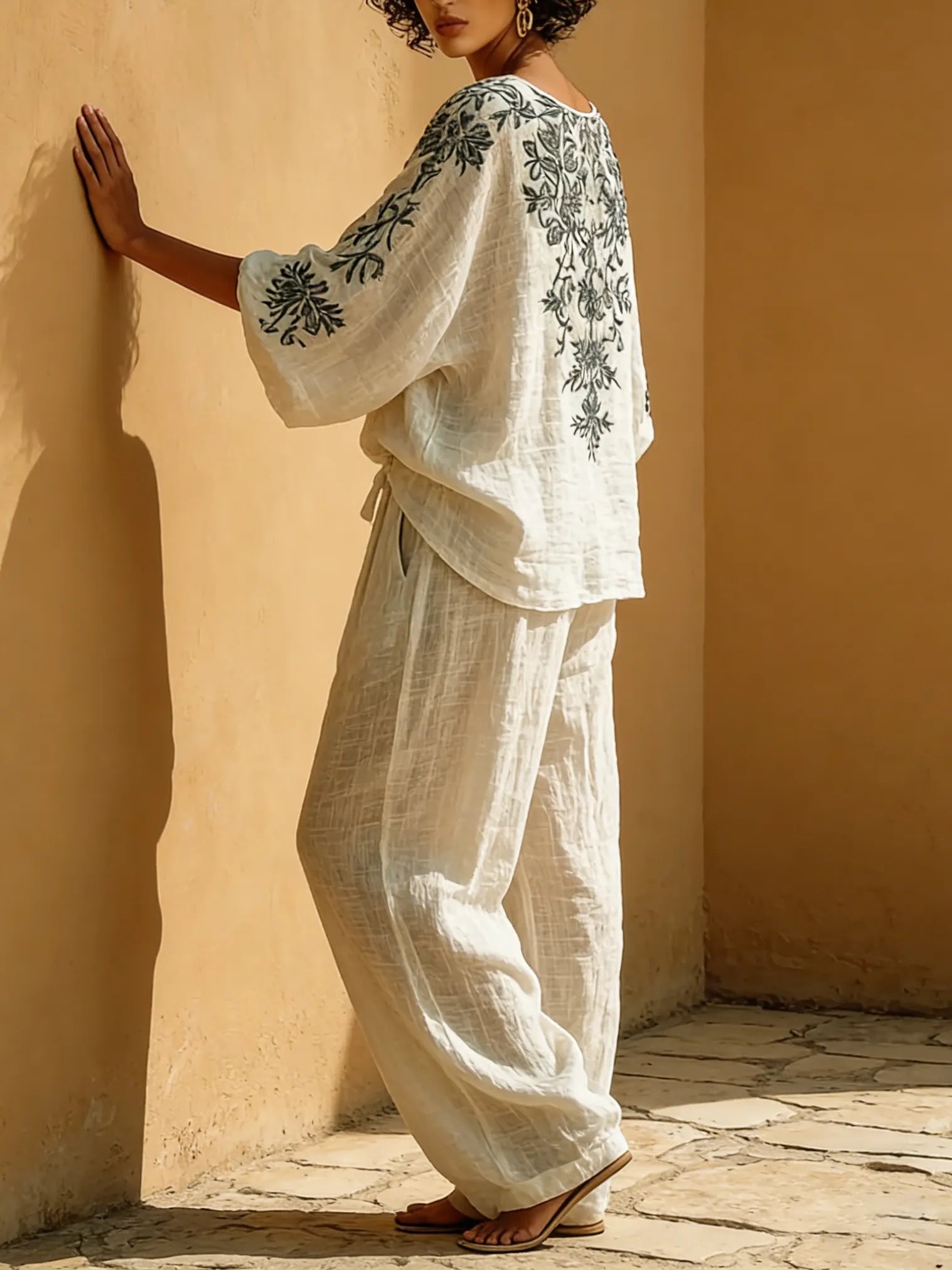 Vintage Floral Print Loose Cotton And Linen Two-piece Set