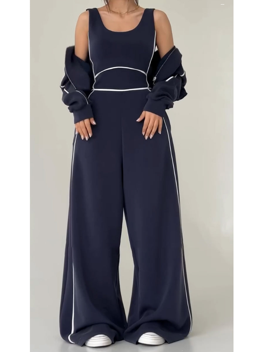 Casual And Cozy Cotton Zip-up Jacket And Jumpsuit Two-piece Set