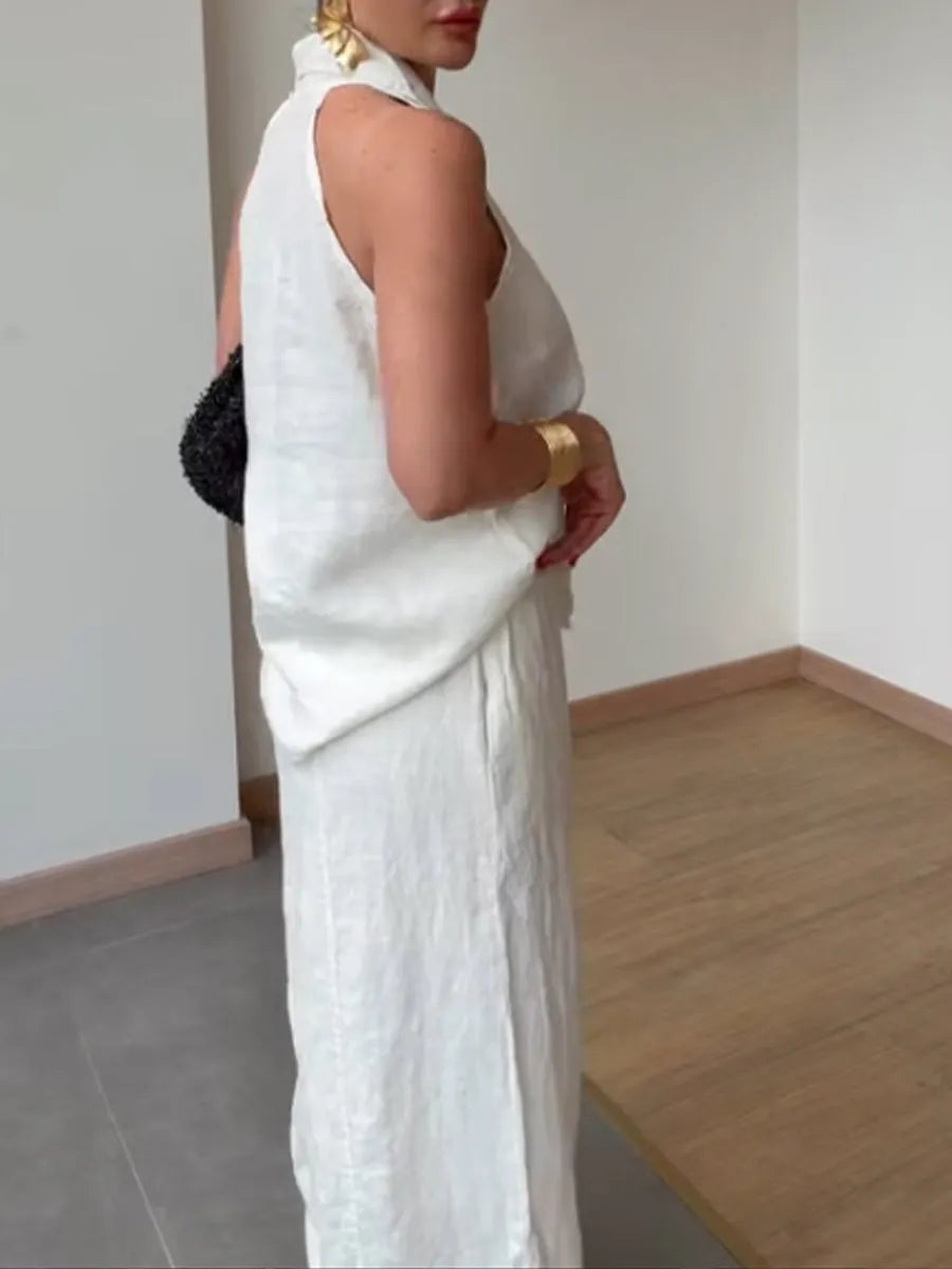 Stylish And Casual Sleeveless Linen-cotton Top And Trousers Two-piece Set